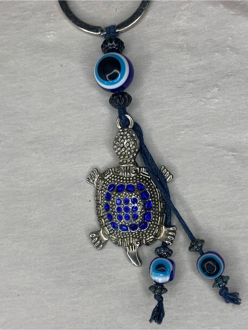 Silver Turtle Pendant Keychain with Deep Blue Accents
